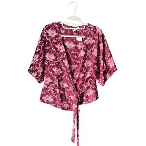 LA Gypsy Top Medium Dusty Rose Floral Wrap Tie Front  Peplum Flutter Sleeve NWT